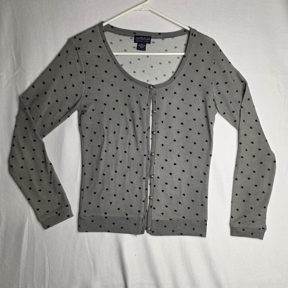 Ann Taylor Light Gray Cardigan with Black Heart‎ Pattern, Size XS